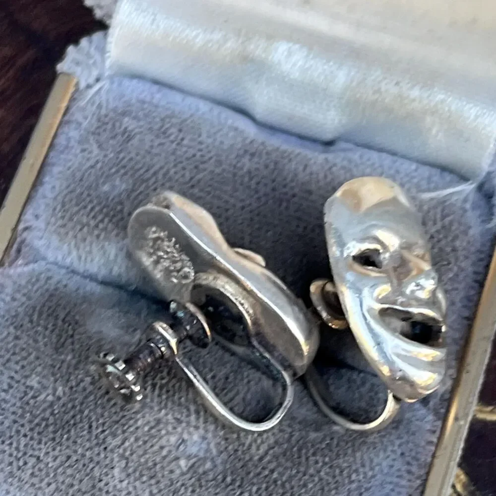 Sterling Silver Mexican Clip On Earrings Comedy Tragedy Mask Retro